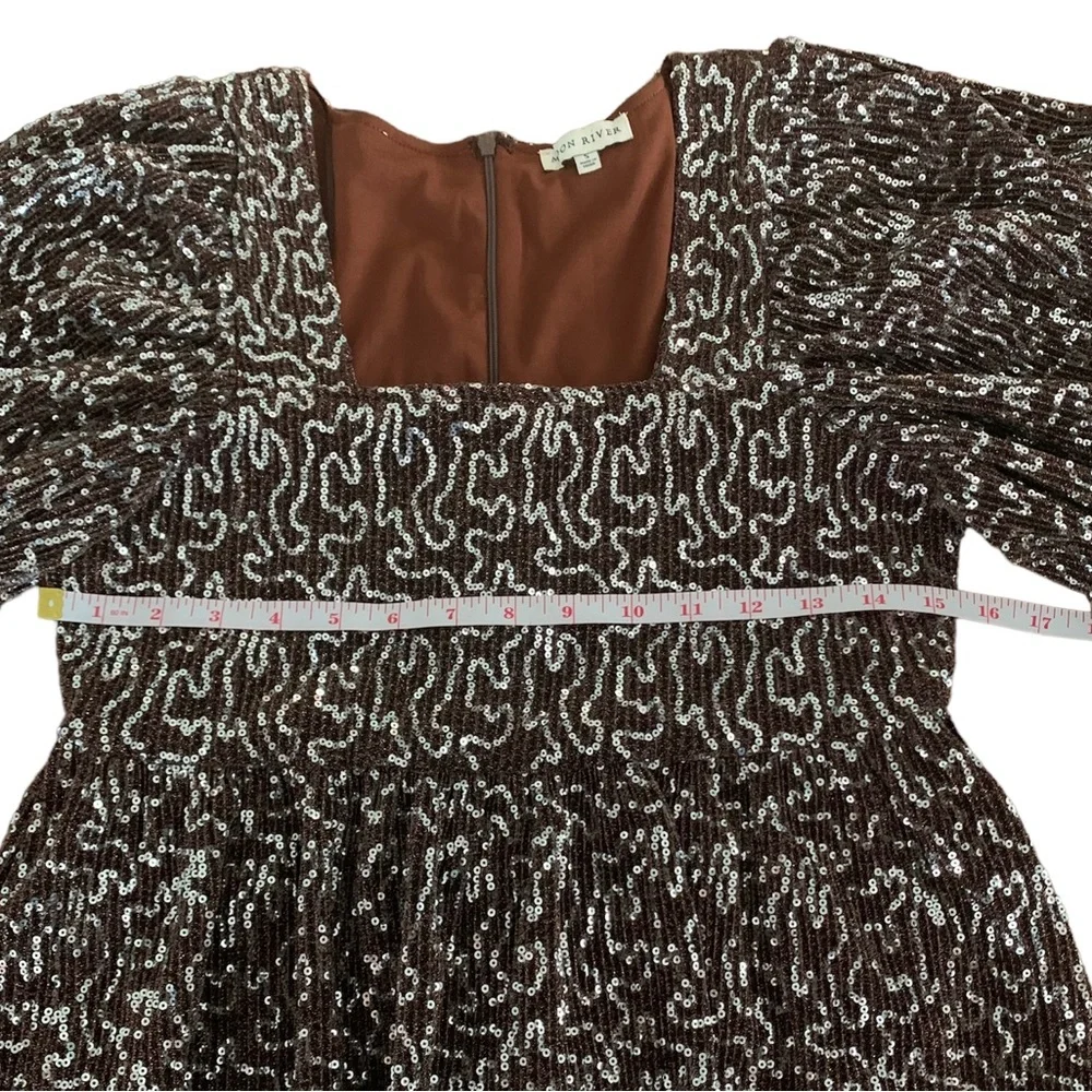 Anthropologie Moon River Women’s Sequin Babydoll‎ Mini Dress Brown Silver Sz S